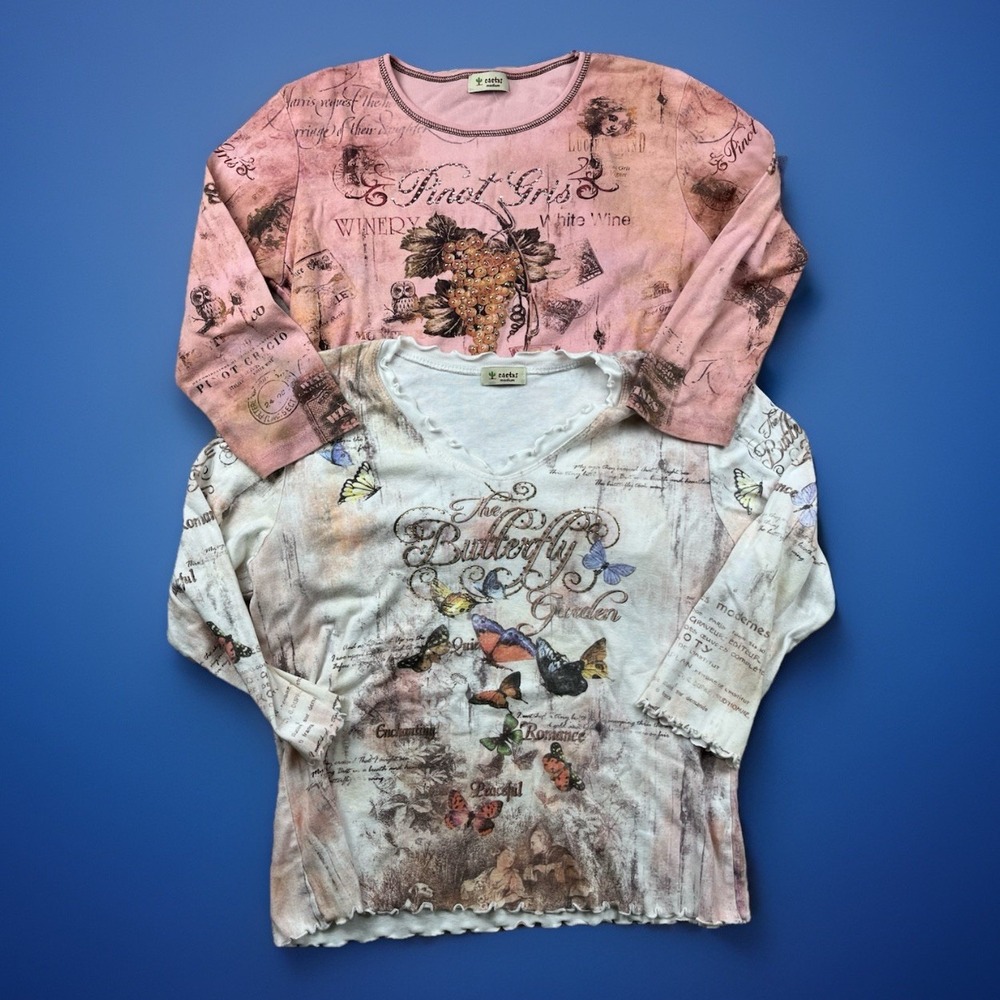2 Vintage Cactus Top Medium Butterflies & Wine Y2K Print Rhinestone Embellished